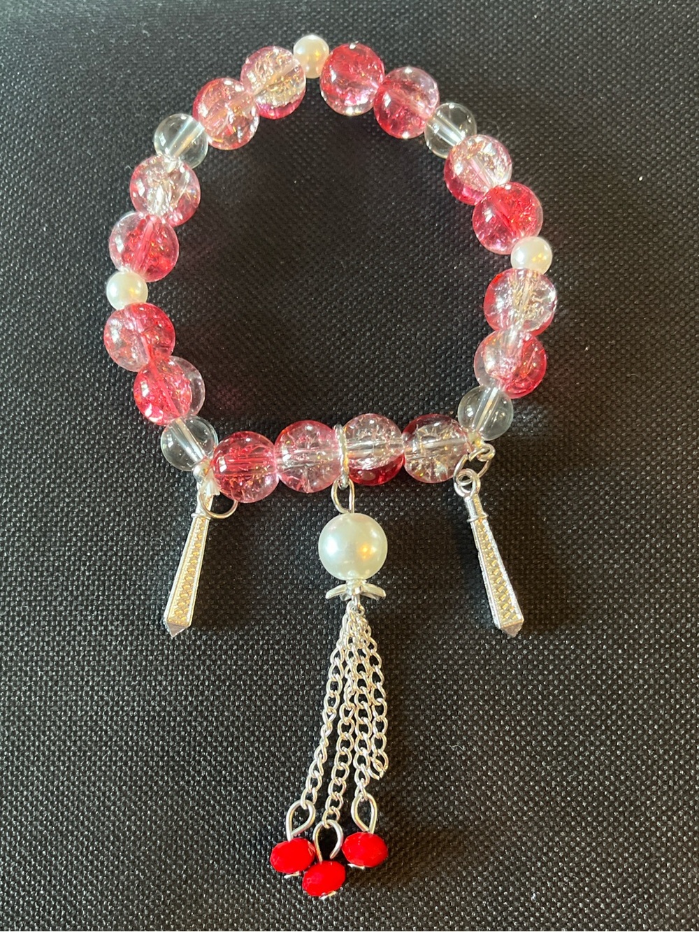 Women's Pink Beaded Charm Bracelet with Pearl Tassel